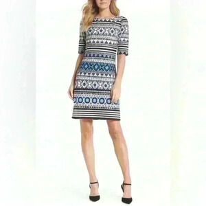 ELIZA J MEDALLION STRIPE SHIFT‎ DRESS IN BLACK/ BLUE/ IVORY